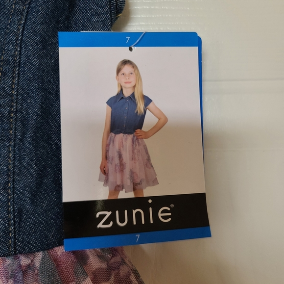 Zunie Denim Shirt Tulle Floral Dress, 7, Blue and Pink - Picture 4 of 6